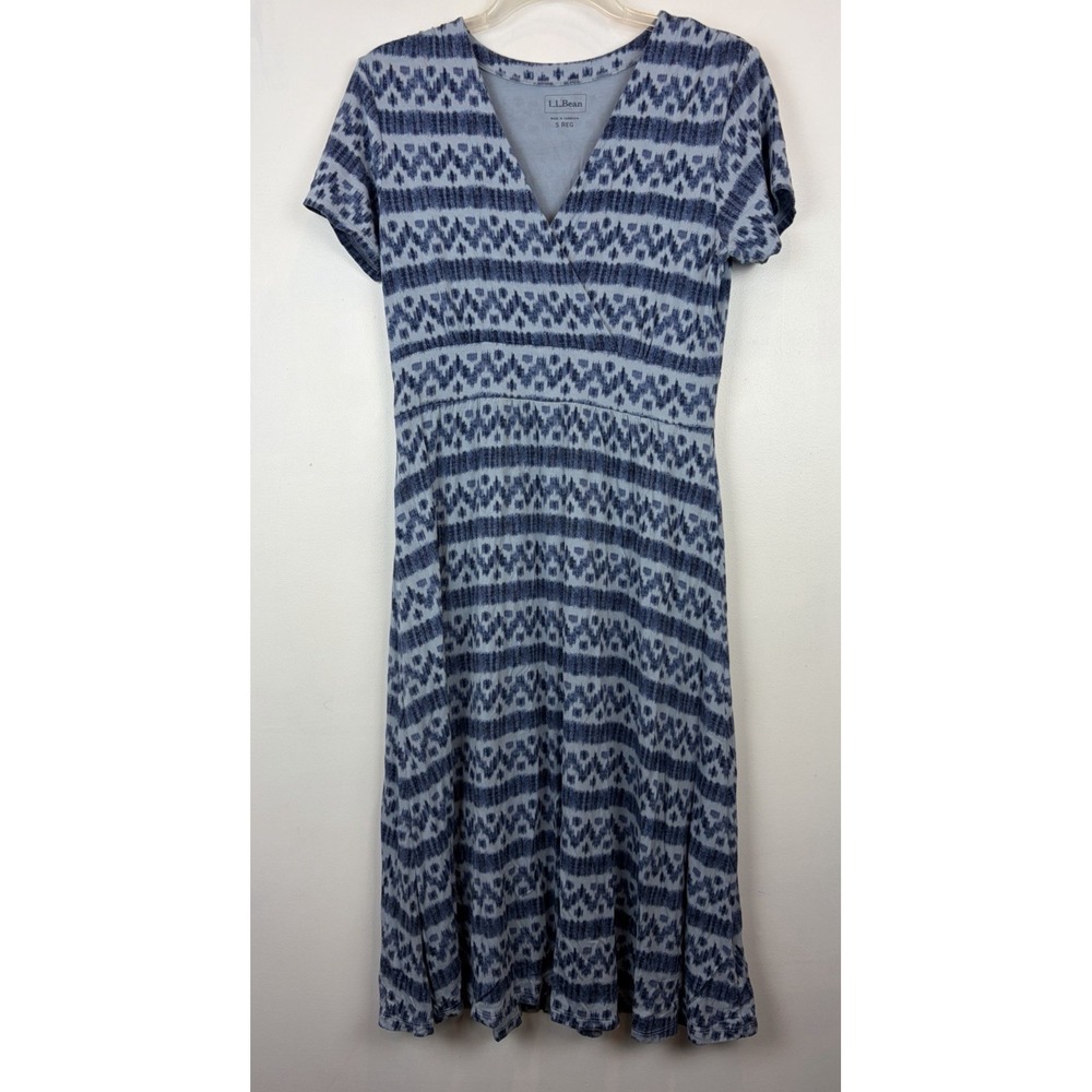 LL Bean Knit Dress Womens Small Print Empire Waist Summer Comfort Casual Coastal